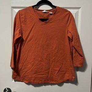 Women's 3/4 Sleeve T-Shirt Orange V-Neck Weatherproof Vintage Lg Cotton/Spandex